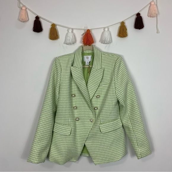 NWT House of Harlow 1960 Green White Tweed Double Breasted Blazer Size Medium - Picture 1 of 13